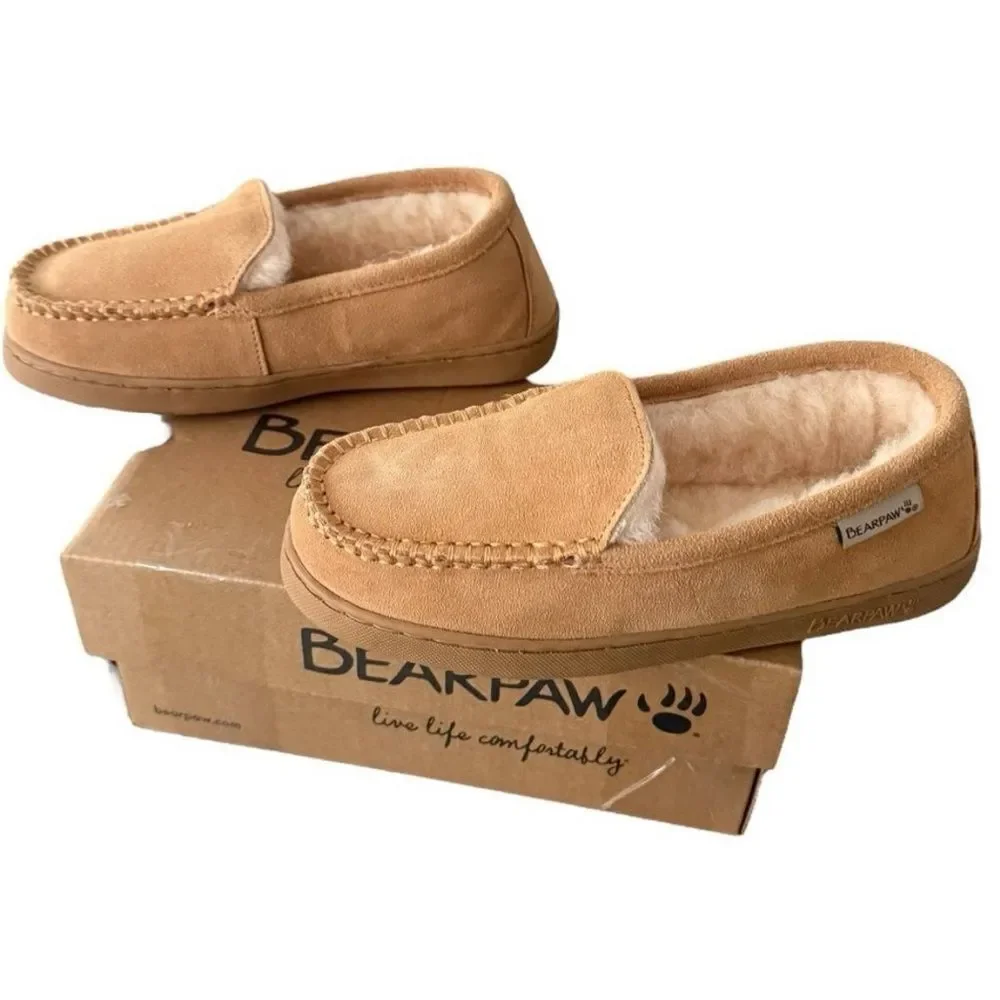 BEARPAW Jamie Youth Moccasin Loafers Suede Wool Lined Iced Coffee Size 4 NIB